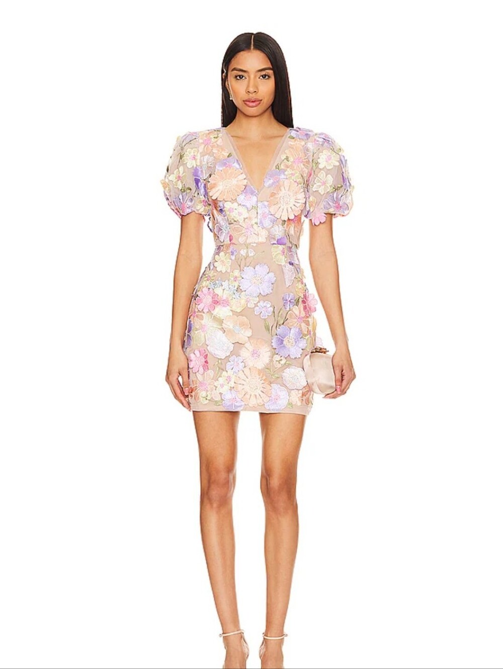 Revolve Elliatt Floral Embroidered Puff-Sleeve Mini Dress - Pink & Lavender